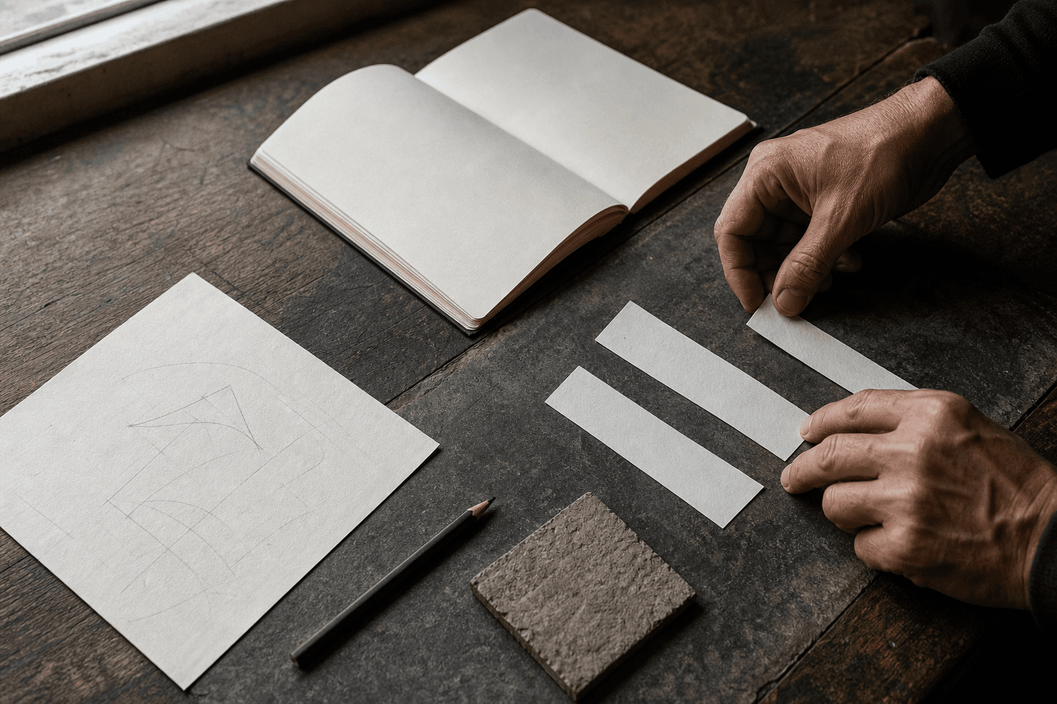Hands, notes and a working route arranged on a venture-building table.