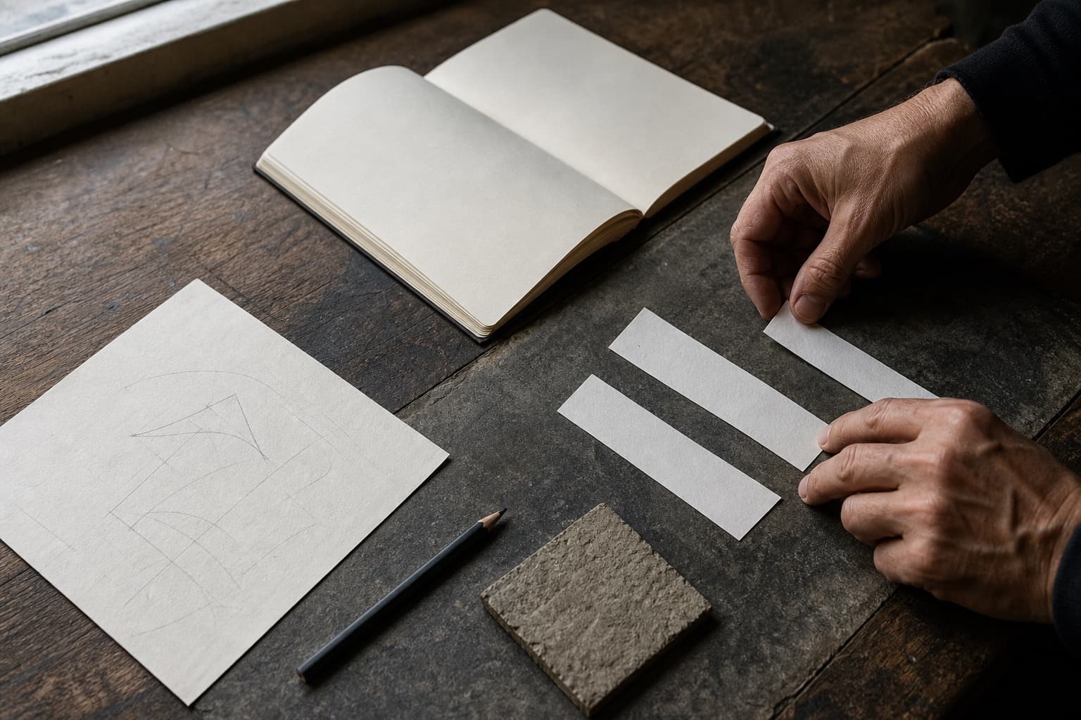 Conceptual hands arranging paper, sketches and a blank roadbook on a worktable.