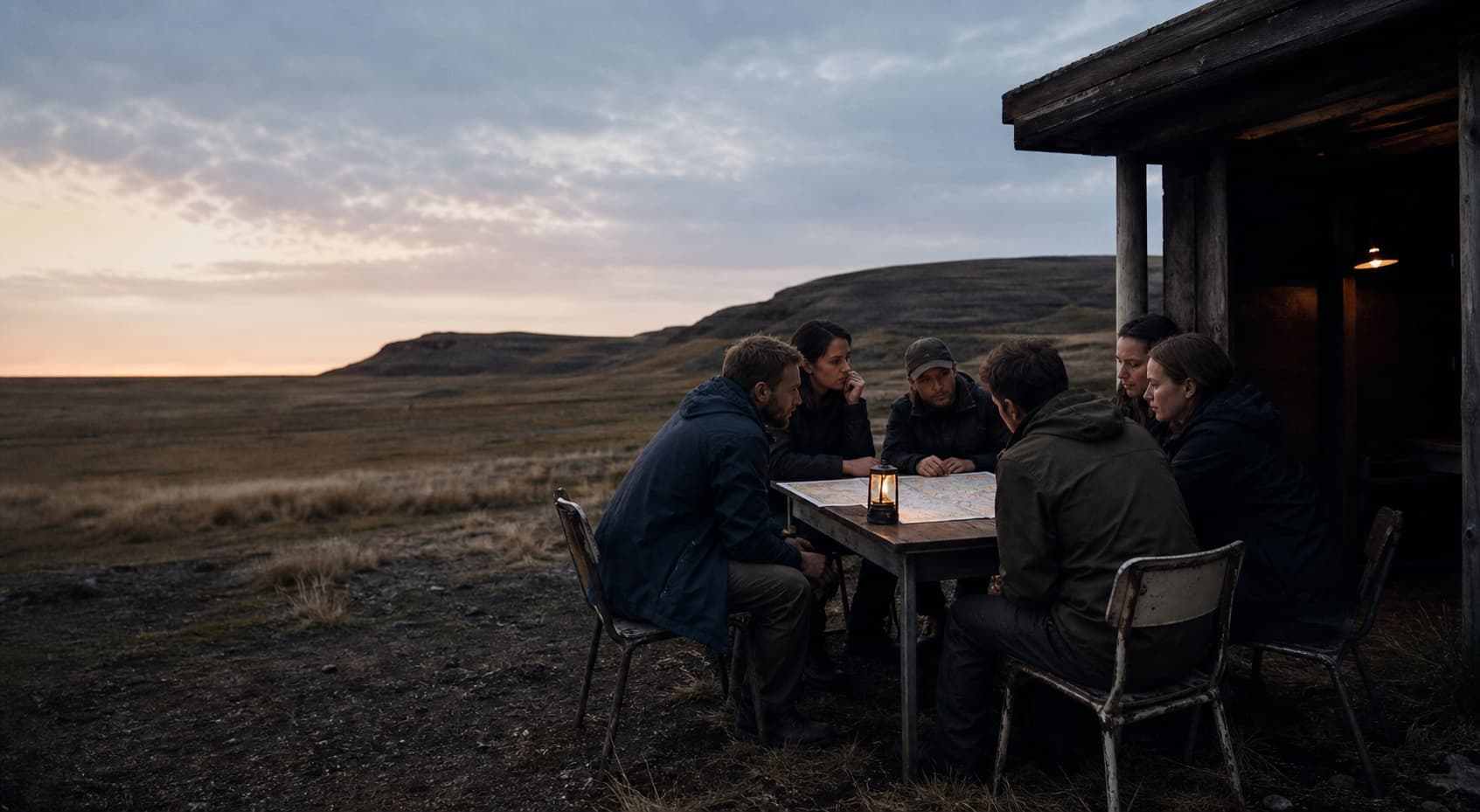 Six anonymous founders studying a map and talking around a small field table.
