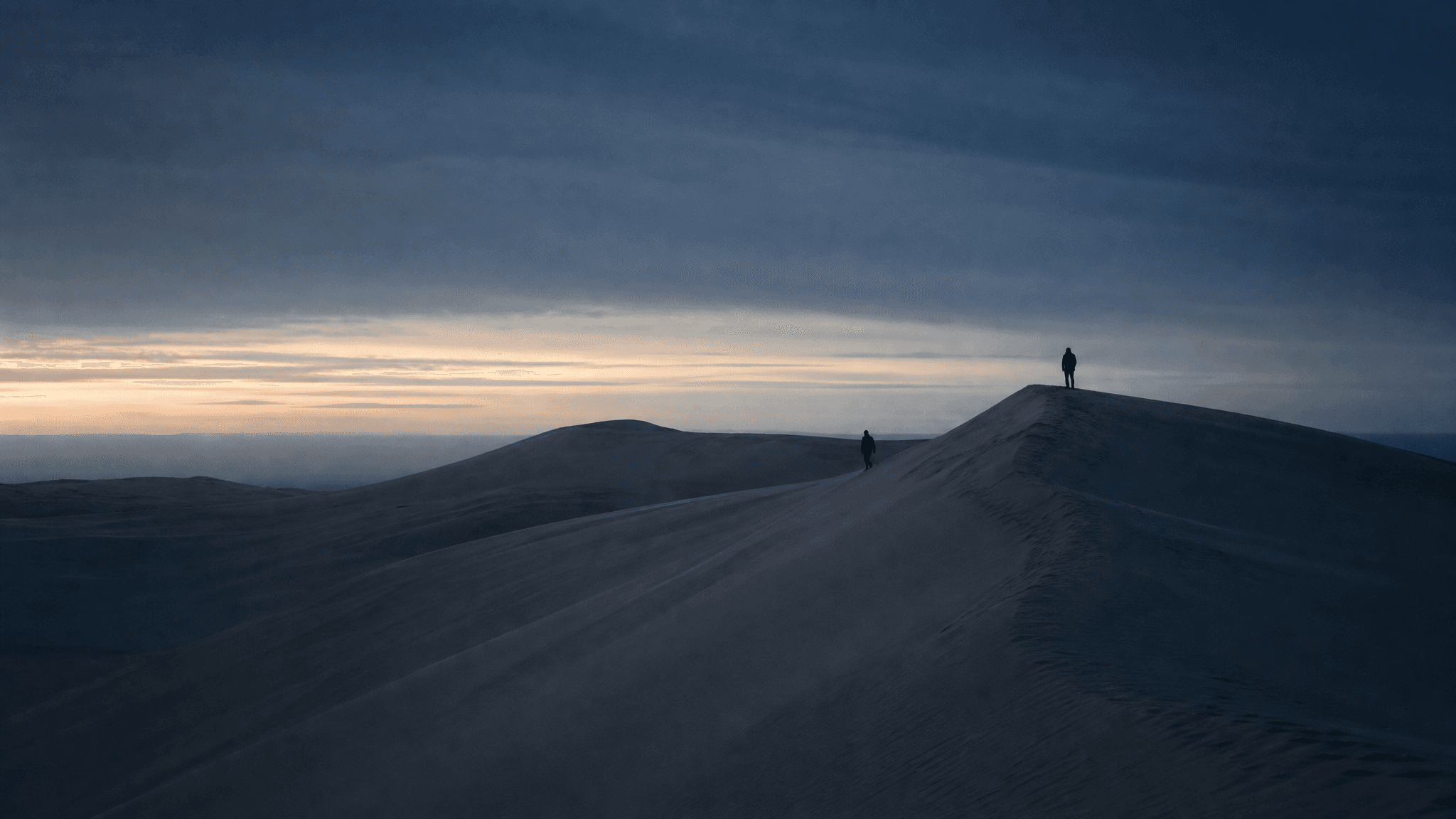 Two anonymous figures moving along a vast dune ridge at dusk