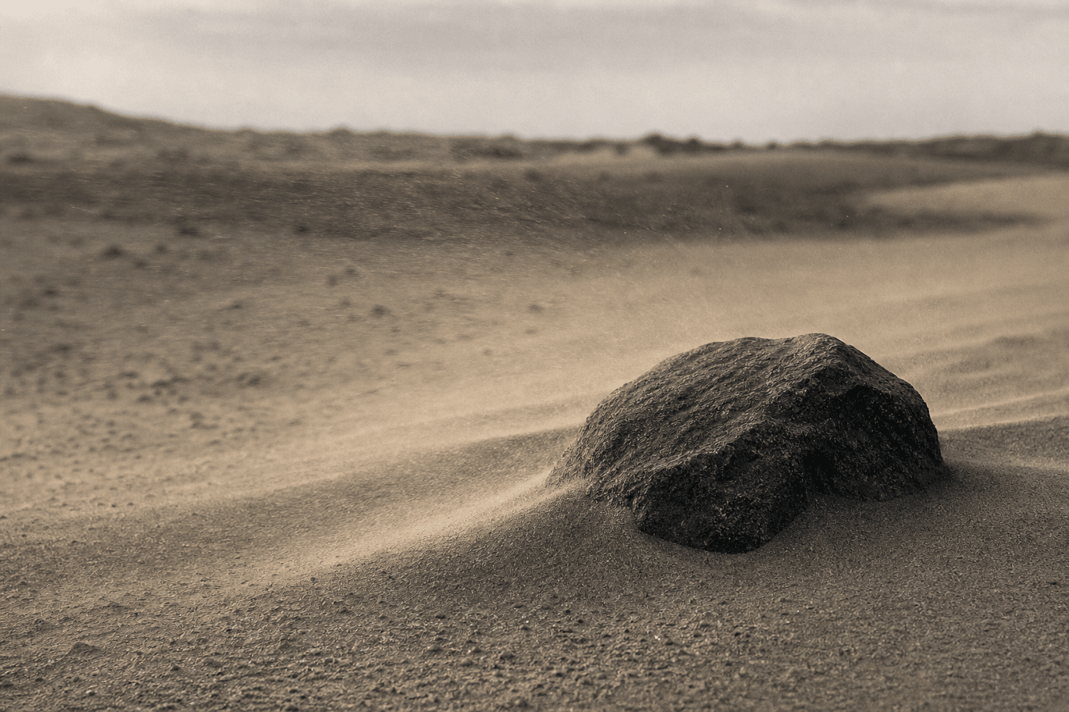 Wind tracing a route around dark stone in an institutional desert study.