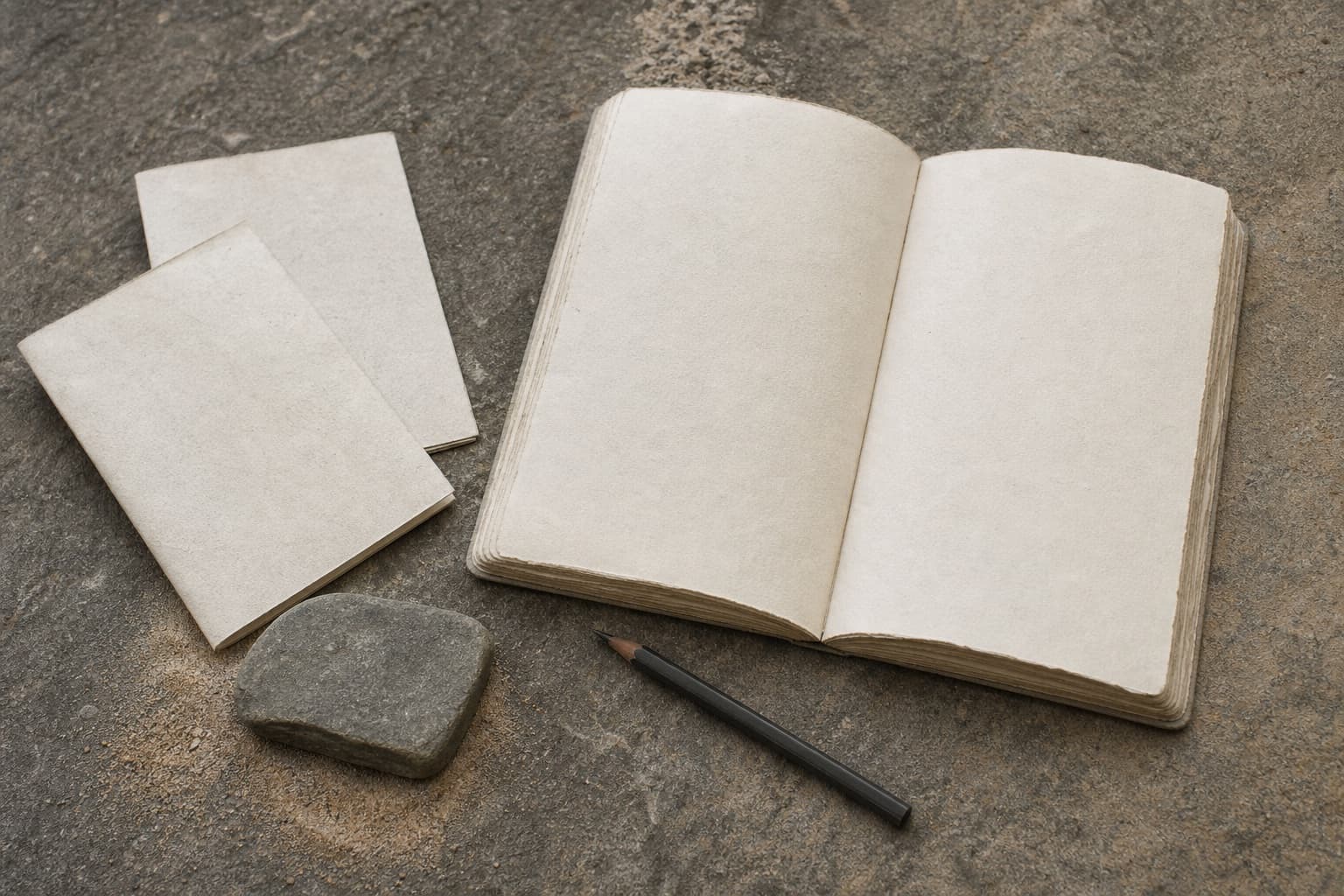 Blank field notebooks and a pencil arranged on a weathered surface