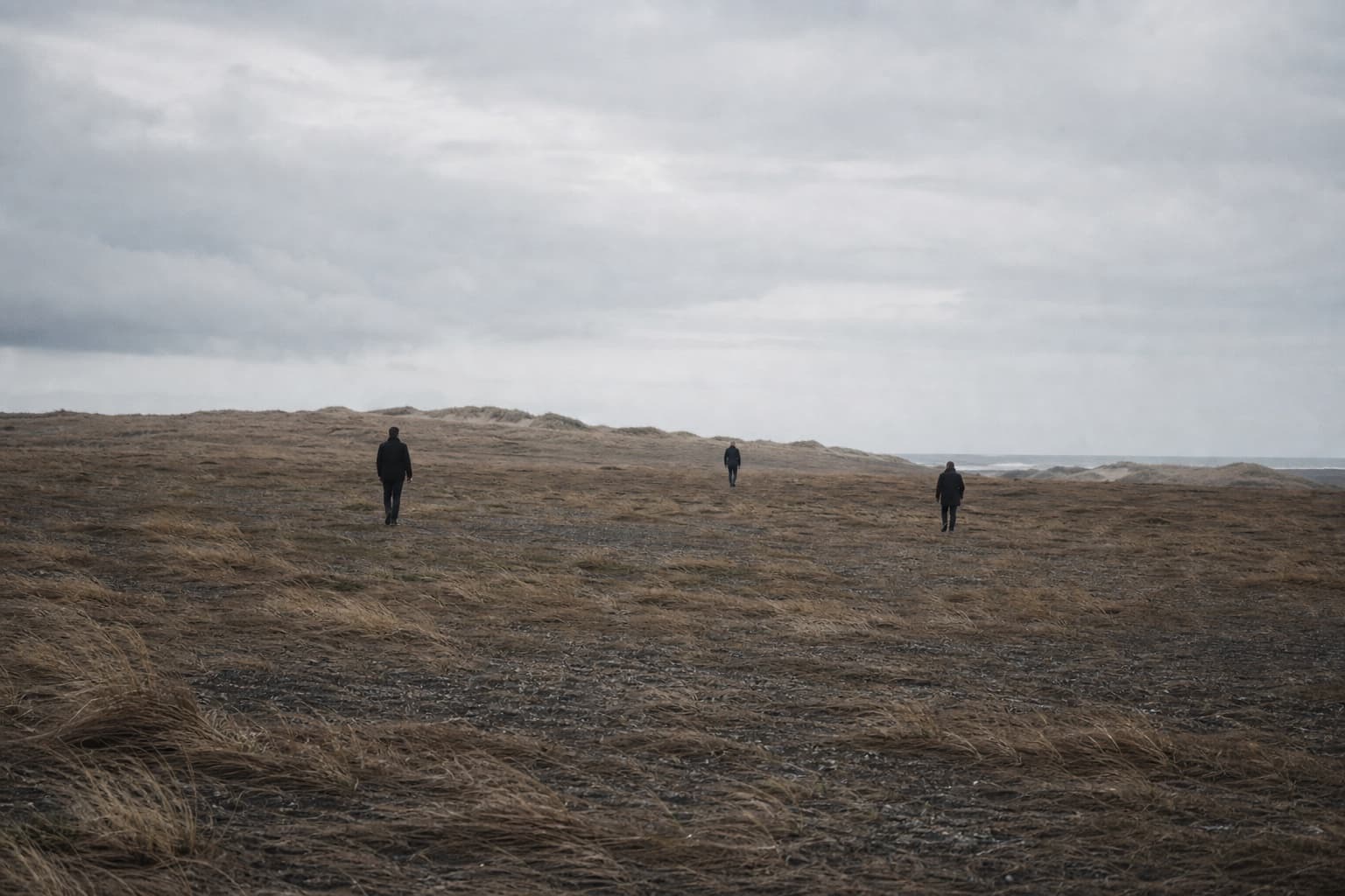 Three anonymous figures moving separately through a large, windswept landscape.