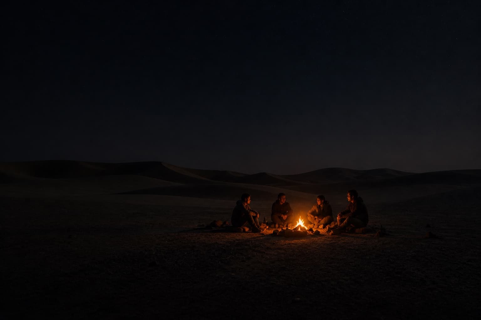 Four anonymous people gather around a small fire in a vast desert night.